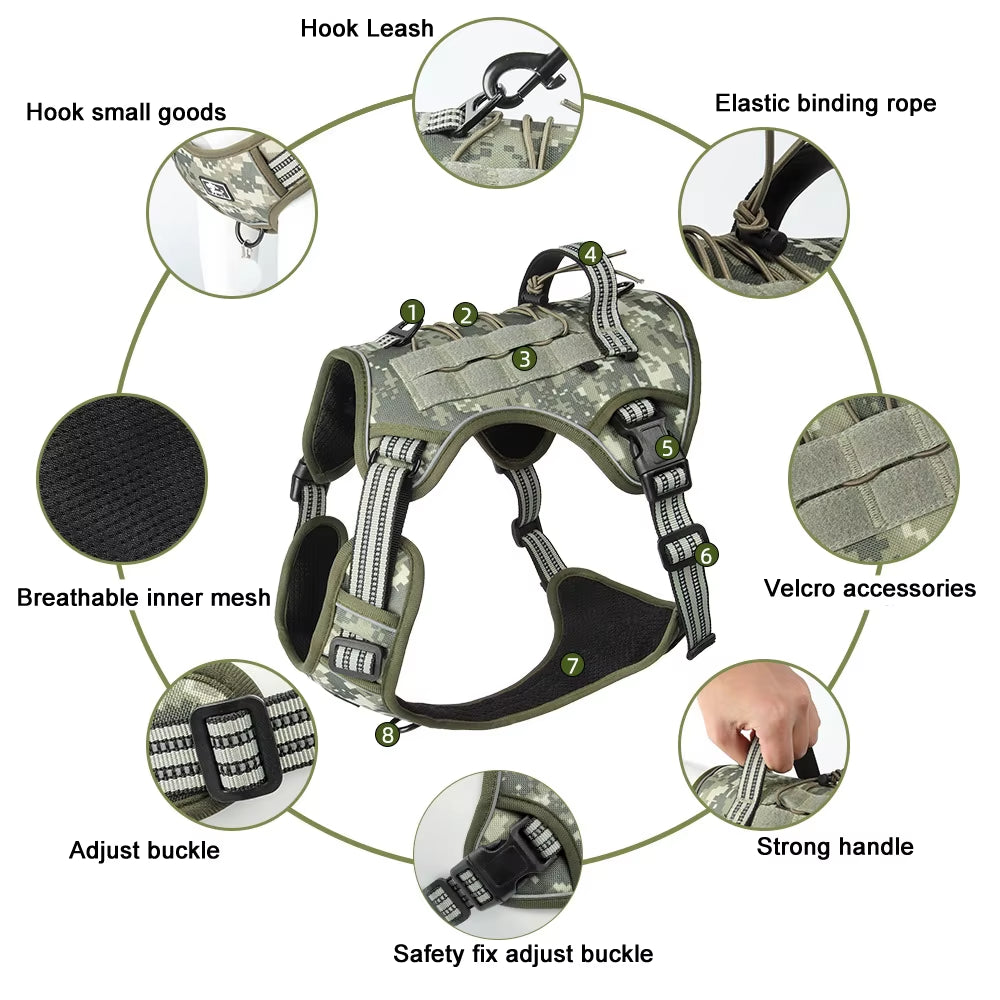Tactical Dog Harness Camo No-Pull K9 Dog Vest Adjustable Military Pet Harness for Small Medium Large Dogs Training Walking